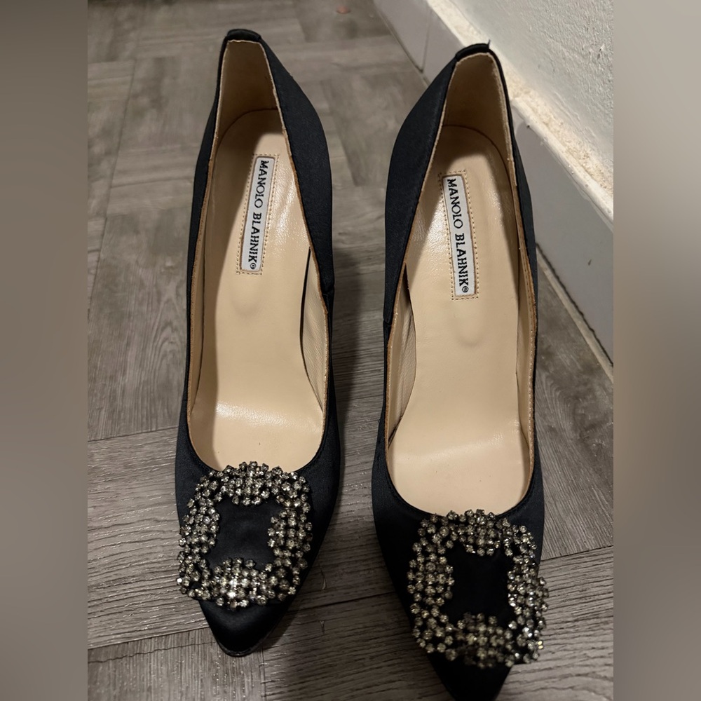 Manolo Blahnik  Hangisi Black Heels with Embellishments